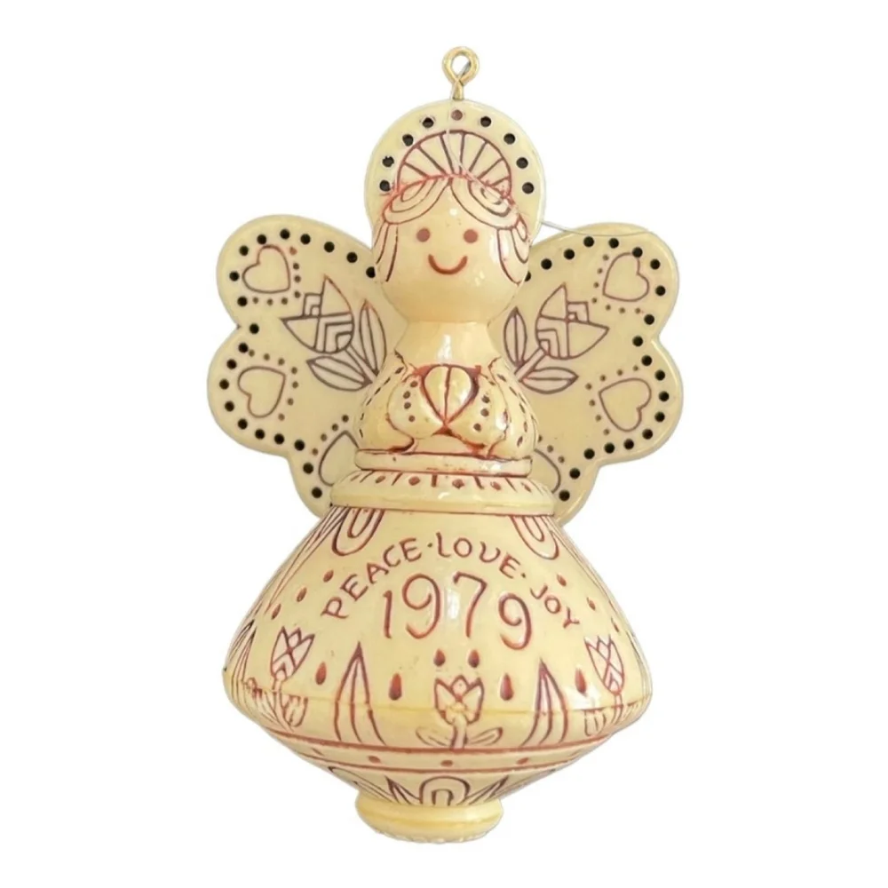 Vintage HALLMARK Christmas Ornament Peace Love Joy Scrimshaw Angel Xmas Ornament